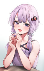 Rule 34 | 1girl, :d, absurdres, azumake (azumakei), bare arms, bare shoulders, blush, commentary request, criss-cross halter, dress, hair ornament, halter dress, halterneck, highres, looking at viewer, open mouth, own hands together, purple dress, purple eyes, purple hair, short hair with long locks, sidelocks, simple background, sleeveless, sleeveless dress, smile, solo, table, upper body, vocaloid, voiceroid, white background, yuzuki yukari