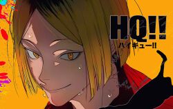 Rule 34 | 1boy, absurdres, black hair, blonde hair, bo toike57, close-up, closed mouth, haikyuu!!, highres, kozume kenma, looking at viewer, male focus, multicolored hair, orange background, portrait, smile, solo, sweat, sweatdrop, two-tone hair, yellow eyes