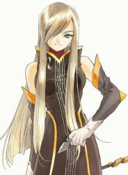 Rule 34 | 00s, 1girl, blade, blonde hair, blue eyes, brown hair, dress, elbow gloves, fujishima kousuke, gloves, long hair, official art, smile, solo, staff, tales of (series), tales of the abyss, tear grants