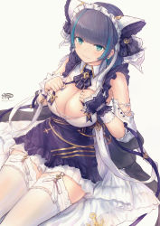Rule 34 | 1girl, absurdres, anchor, aqua eyes, azur lane, black hair, blue eyes, blunt bangs, breasts, cheshire (azur lane), cleavage, closed mouth, commentary request, earrings, eicam, fang, highres, jewelry, large breasts, looking at viewer, maid headdress, multicolored hair, short hair, signature, simple background, sitting, streaked hair, thighhighs, twitter username, wavy mouth, white background, white thighhighs, wrist cuffs