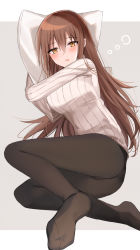Rule 34 | 1girl, ass, black pantyhose, blush, breasts, brown eyes, brown hair, grey background, hair between eyes, highres, kinona, long hair, looking at viewer, medium breasts, no shoes, hugging object, original, pantyhose, parted lips, pillow, pillow hug, ribbed sweater, soles, solo, sweater, two-tone background, very long hair, white background, white sweater