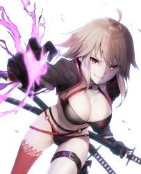 Rule 34 | 1girl, absurdres, asymmetrical legwear, belt, belt buckle, bikini, black belt, black bikini, black gloves, black jacket, breasts, brown eyes, buckle, cleavage, commentary request, fate/grand order, fate (series), ginopi, gloves, hair bobbles, hair ornament, highres, jacket, jeanne d&#039;arc alter (swimsuit berserker) (fate), jeanne d&#039;arc (fate), jeanne d&#039;arc alter (fate), jeanne d&#039;arc alter (swimsuit berserker) (fate), katana, leg belt, light brown hair, long sleeves, looking at viewer, medium breasts, navel, o-ring, o-ring bikini, o-ring bottom, o-ring top, parted lips, red thighhighs, revision, sheath, sheathed, shrug (clothing), single thighhigh, smile, solo, swimsuit, sword, thighhighs, uneven legwear, weapon, white background