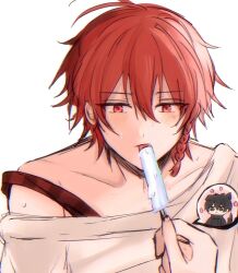 Rule 34 | 2boys, black eyes, black hair, food, grey background, highres, holding, holding food, holding popsicle, licking, maeno aki, male focus, multiple boys, off-shoulder sweater, off shoulder, popsicle, red eyes, red hair, red tank top, shirt, simple background, spoken character, sweater, tank top, tongue, tongue out, tsugino haru, white shirt, world execute, zeno (game)
