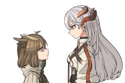 Rule 34 | 2girls, arknights, breasts, brown coat, brown hair, chest strap, closed mouth, coat, dragon horns, earrings, eye contact, feather hair, from side, glaring, glasses, grey shirt, height difference, high-waist skirt, horns, id card, jewelry, long hair, looking at another, medium breasts, multiple girls, orange eyes, profile, ran system, saria (arknights), semi-rimless eyewear, shirt, short hair, silence (arknights), silver hair, simple background, skirt, stud earrings, sweatdrop, under-rim eyewear, upper body, white background