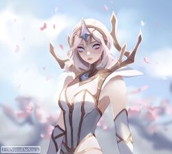 Rule 34 | 1girl, artist name, bare shoulders, breasts, cleavage, detached sleeves, funsizedipstick, gem, grey eyes, highres, hood, hood up, large breasts, league of legends, lux (league of legends), medium hair, official alternate costume, petals, shiny skin, solo, white hair
