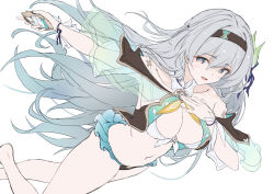 Rule 34 | 1girl, bare legs, bare shoulders, barefoot, blush, breasts, cleavage, firefly (honkai: star rail), grey hair, hairband, highres, honkai: star rail, honkai (series), large breasts, long eyelashes, long hair, looking at viewer, midriff, multicolored eyes, short cape, simple background, solo, swimsuit, xfate