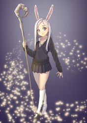 Rule 34 | 1girl, animal ears, bad id, bad pixiv id, blue eyes, breasts, elin, kneehighs, lights, long hair, looking at viewer, magic, mary janes, pleated skirt, rabbit ears, s.rain, school uniform, shirt, shoes, silver hair, skirt, small breasts, smile, socks, solo, staff, sweater, tera online, unbuttoned, weapon