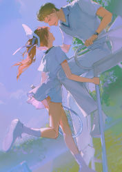 Rule 34 | 1boy, 1girl, bare legs, chair, closed eyes, commentary, day, english commentary, facing another, from below, grass, hat, highres, holding, long hair, murmurr14, orange hair, original, outdoors, pants, parted lips, ponytail, racket, running, shirt, shoes, short sleeves, sitting, skirt, sneakers, socks, solo, sportswear, tennis racket, tennis uniform, tree, v-neck, visor cap, watch, white footwear, white hat, white pants, white shirt, white skirt, white socks, wristwatch