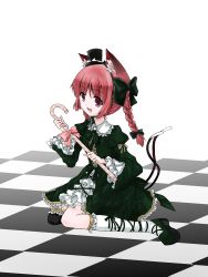 Rule 34 | 1girl, animal ears, bad id, bad pixiv id, braid, cane, cat ears, cat tail, female focus, full body, gothic lolita, hat, highres, kaenbyou rin, kneeling, lolita fashion, multiple tails, red eyes, red hair, shrie, solo, tail, touhou, twin braids, vitla