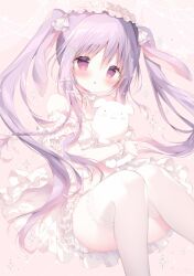 Rule 34 | 1girl, :o, animal, animal ears, animal hug, bare shoulders, blush, bow, commentary request, dog, dress, feet out of frame, floppy ears, frilled skirt, frills, hair bow, highres, long hair, looking at viewer, off-shoulder dress, off shoulder, original, parted lips, purple eyes, purple hair, rabbit ears, shiratama (shiratamaco), skirt, solo, thighhighs, twintails, very long hair, white bow, white dress, white skirt, white thighhighs, wrist cuffs