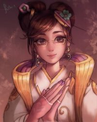 Rule 34 | 1girl, brown background, brown eyes, brown hair, chang&#039;e mei, chinese clothes, earrings, flower, glasses, hair flower, hair ornament, hair up, hairpin, highres, jewelry, light smile, lips, long sleeves, looking at viewer, making-of available, matilda fiship, mei (overwatch), nail polish, overwatch, overwatch 1, own hands together, purple nails, semi-rimless eyewear, signature, solo, under-rim eyewear, upper body, yellow-framed eyewear