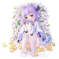 Rule 34 | 1girl, ahoge, animal, azur lane, bare shoulders, bird, black bow, black ribbon, blush, bow, chick, commentary, covered mouth, detached sleeves, dress, feet, flower, full body, hair bun, halterneck, head tilt, highres, hitsukuya, lily (flower), long hair, long sleeves, looking at viewer, no shoes, hugging object, one side up, purple eyes, purple hair, ribbon, side bun, single hair bun, single side bun, sitting, solo, stuffed animal, stuffed pegasus, stuffed toy, stuffed unicorn, stuffed winged unicorn, thighhighs, unicorn (azur lane), very long hair, white background, white dress, white flower, white thighhighs