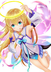 Rule 34 | 1girl, :p, absurdres, aqua eyes, arm up, closed mouth, colette brunel, commentary request, detached sleeves, dress, feathers, from above, halo, highres, holding, jirozero0914, leg up, long hair, looking at viewer, official alternate costume, smile, solo, tales of (series), tales of asteria, tales of symphonia, tongue, tongue out, transparent, transparent wings, very long hair, white background