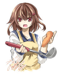 Rule 34 | &gt;:o, 10s, 1girl, :o, apron, bad id, bad pixiv id, blush, brown hair, carrot, dated, highres, ikazuchi (kancolle), kantai collection, ladle, long sleeves, red eyes, school uniform, serafuku, short hair, signature, solo, twitter username, upper body, v-shaped eyebrows, white background, yuihira asu
