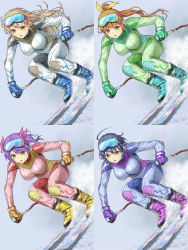 Rule 34 | 4girls, black hair, blue bodysuit, bodysuit, boots, breasts, brown hair, chestnut mouth, furrowed brow, goggles, hair ribbon, highres, hisho collection, komase (jkp423), large breasts, light brown hair, multiple girls, open mouth, purple hair, ribbon, ski gear, ski goggles, skiing