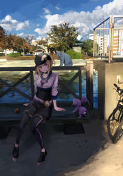 Rule 34 | 10s, 1girl, arm support, baseball cap, bench, bicycle, black footwear, blonde hair, blue eyes, breasts, cat, chef no kimagure salad, city, cloud, cloudy sky, creatures (company), cropped jacket, day, female protagonist (pokemon go), game freak, gen 1 pokemon, hat, head tilt, leggings, long hair, looking at viewer, nintendo, open mouth, outdoors, poke ball, pokemon, pokemon (creature), pokemon go, railing, rattata, river, shade, shoes, shorts, sitting, sky, small breasts, smile, sunlight, tree