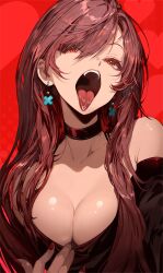 1girl absurdres black_shirt black_sleeves breasts brown_eyes brown_hair cleavage comiket_105 commentary_request detached_sleeves earrings highres jewelry large_breasts long_hair open_mouth original piratescat01 red_background shirt solo strapless strapless_shirt tongue tongue_out