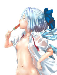 Rule 34 | 1girl, areola slip, axe r18, blue eyes, blue hair, bow, breasts, cirno, collarbone, covered erect nipples, fang, food, hair bow, ice, ice wings, matching hair/eyes, naked shirt, navel, nudist, open clothes, open shirt, popsicle, puffy short sleeves, puffy sleeves, see-through, shirt, shochuumimai, short sleeves, small breasts, solo, sweat, touhou, watermelon bar, wet, wet clothes, wet shirt, wings