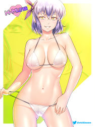 Rule 34 | artist name, ayane (doa), bikini, bikini pull, breasts, clothes pull, colored eyelashes, contrapposto, dead or alive, etchimune, fingernails, gluteal fold, grin, lips, long hair, navel, pulling own clothes, purple hair, purple ribbon, ribbon, shiny skin, short hair, smile, solo, spaghetti strap, standing, stomach, swimsuit, thighhighs, toned, twitter username, underboob, white bikini, yellow eyes, zettai ryouiki