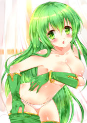 Rule 34 | 1girl, :o, areola slip, bad id, bad pixiv id, bariko, blush, bracelet, breasts, covering privates, covering breasts, erinys (fire emblem), female focus, fire emblem, fire emblem: genealogy of the holy war, gloves, green eyes, green hair, green thighhighs, jewelry, large breasts, long hair, matching hair/eyes, navel, nintendo, open mouth, panties, solo, surprised, thighhighs, topless, underwear, undressing, very long hair, white panties