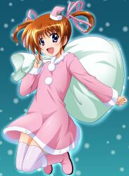 Rule 34 | 1girl, :d, blue eyes, boots, brown hair, commentary, dress, floating, hair ribbon, hat, highres, holding, holding sack, legs up, long sleeves, looking at viewer, lyrical nanoha, mahou shoujo lyrical nanoha, medium dress, mini hat, mini santa hat, night, open mouth, outdoors, over shoulder, pink dress, pink footwear, pink hat, pink ribbon, ribbon, sack, santa boots, santa dress, santa hat, short hair, smile, snowing, solo, takamachi nanoha, thighhighs, tilted headwear, twintails, white thighhighs, yorousa (yoroiusagi)