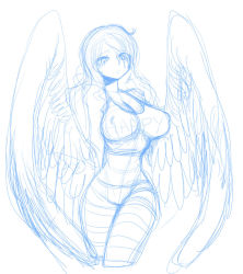 Rule 34 | 1girl, breasts, clothes writing, feathered wings, harpy, large breasts, long hair, monet (one piece), monochrome, monster girl, narrow waist, one piece, punk hazard, sketch, solo, spacezin, tank top, winged arms, wings