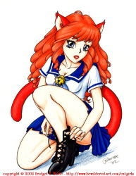 Rule 34 | 00s, 1girl, 2002, animal ears, bell, bewildered, black footwear, blue eyes, blue neckerchief, blue skirt, boots, breasts, cat ears, cat girl, cat tail, cleavage, collarbone, high heels, jingle bell, long hair, looking at viewer, medium breasts, neckerchief, on one knee, red hair, red lips, school uniform, shirt, short sleeves, skirt, solo, tail, traditional media, white background, white shirt