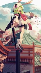 Rule 34 | 1girl, animal ears, animal hood, architecture, rabbit ears, rabbit hood, cherry blossoms, cloud, day, east asian architecture, from side, green hair, highres, hood, inline skates, long hair, looking at viewer, looking to the side, original, petals, power lines, puffy shorts, red eyes, roller skates, scarf, shorts, skates, sky, smile, solo, sword, utility pole, weapon, xi yuu