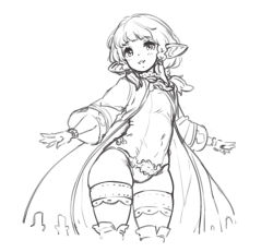 Rule 34 | 1girl, barbariank, braid, commentary, english commentary, granblue fantasy, greyscale, harvin, looking at viewer, monochrome, panties, philosophia (granblue fantasy), pointy ears, robe, simple background, sketch, skindentation, smile, solo, thighhighs, twin braids, underwear