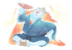 Rule 34 | 1boy, belly, black hair, blue skin, blush, coat, coat on shoulders, colored skin, cup, curly eyebrows, facial hair, fat, fat man, fish boy, goatee, happy, japanese clothes, jinbe (one piece), kimono, laughing, long sideburns, male focus, mature male, monster boy, one piece, sakazuki, shalay tanza18, sharp teeth, sideburns, sitting, sketch, solo, teeth, tusks