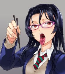 1girl black_hair chopsticks dokiyuri female_focus glasses highres long_hair looking_at_viewer necktie original red_eyes school_uniform simple_background solo sweater_vest tongue tongue_out