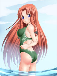 Rule 34 | 1girl, ass, blue eyes, breasts, competition swimsuit, drill hair, embodiment of scarlet devil, female focus, gradient background, hong meiling, kurone, long hair, ocean, one-piece swimsuit, outdoors, red hair, sky, solo, submerged, swimsuit, touhou, wet