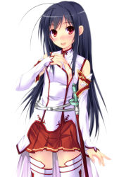 Rule 34 | 1girl, :d, accel world, antenna hair, asuna (sao), asuna (sao) (cosplay), bare shoulders, black hair, blush, cosplay, creator connection, detached sleeves, flat chest, highres, kuroyukihime, long hair, looking at viewer, nipples, open mouth, red eyes, skirt, smile, solo, sword art online, thighhighs, white background, white thighhighs, yagami shuuichi