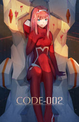 Rule 34 | 10s, 1girl, :q, aqua eyes, arm support, blood, blood on face, blood splatter, bodysuit, breasts, character name, darling in the franxx, hairband, highres, horns, ji dao ji, long hair, medium breasts, pilot suit, pink hair, red bodysuit, smile, solo, tongue, tongue out, very long hair, white hairband, zero two (darling in the franxx)