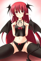 Rule 34 | 1girl, black thighhighs, bra, demon tail, embodiment of scarlet devil, female focus, gisyo, gradient background, head wings, koakuma, lingerie, panties, pointy ears, red hair, solo, tail, thighhighs, touhou, underwear, underwear only, wings