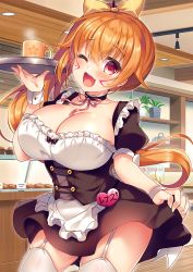 Rule 34 | 1girl, ;d, apron, black dress, blush, bow, breasts, cleavage, commentary request, cup, dress, frilled apron, frills, garter straps, hair between eyes, hair bow, hand up, highres, holding, holding tray, indie virtual youtuber, indoors, large breasts, lenas sukeimu, long hair, looking at viewer, mug, neck ribbon, one eye closed, open mouth, orange hair, puffy short sleeves, puffy sleeves, red eyes, red ribbon, ribbon, short sleeves, side ponytail, smile, solo, steam, suzunone rena, teeth, thighhighs, tray, upper teeth only, very long hair, virtual youtuber, waist apron, white apron, white thighhighs, wooden floor, yellow bow