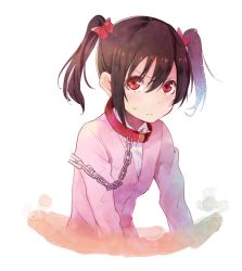 Rule 34 | 10s, 1girl, animal collar, black hair, bow, cardigan, chain, collar, frown, hair between eyes, hair bow, long sleeves, looking up, love live!, love live! school idol project, red bow, red eyes, sen&#039;yuu yuuji, simple background, solo, sweat, twintails, upper body, white background, yazawa nico