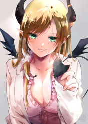 Rule 34 | 1girl, :p, bat tattoo, blonde hair, breast tattoo, breasts, cleavage, demon girl, demon horns, demon tail, demon wings, fangs, frilled shirt, frills, green eyes, grey background, highres, himeyamayuri, hololive, horns, lab coat, large breasts, long hair, long sleeves, looking at viewer, low-cut, pink shirt, pointy ears, shirt, simple background, sleeves past wrists, solo, tail, tattoo, tongue, tongue out, upper body, virtual youtuber, wings, yuzuki choco, yuzuki choco (1st costume)