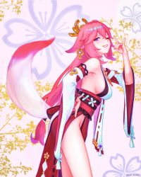 Rule 34 | 1girl, absurdres, animal ears, branch, breasts, cherry blossoms, commentary, cowboy shot, derivative work, detached sleeves, earrings, english commentary, floppy ears, floral background, fox ears, fox girl, fox shadow puppet, fox tail, from side, genshin impact, hair between eyes, hair ornament, hand on own hip, highres, japanese clothes, jewelry, kuri kuriku, large breasts, leaning forward, long hair, looking at viewer, looking to the side, low-tied long hair, mitsudomoe (shape), nontraditional miko, obiage, obijime, one eye closed, parted lips, pendant, pink background, pink hair, pink lips, pink tail, purple eyes, red skirt, ribbon-trimmed clothes, ribbon trim, shirt, sideboob, skirt, sleeveless, sleeveless shirt, smile, solo, tail, tassel, thahalfweeb, thighs, tomoe (symbol), twitter username, very long hair, vision (genshin impact), white shirt, wide sleeves, yae miko