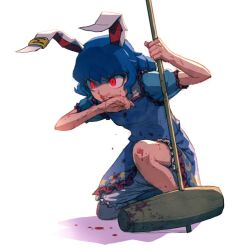 Rule 34 | 1girl, animal ears, blood, blood on face, blood on clothes, blue hair, rabbit ears, dress, earrings, glowing, glowing eyes, jewelry, kine, kneeling, long hair, mallet, meimaru inuchiyo, red eyes, seiran (touhou), solo, touhou, white background, wiping mouth