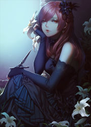 Rule 34 | 1girl, bare shoulders, black dress, black flower, black gloves, black nails, black rose, breasts, choker, dagger, dress, earrings, elbow gloves, enomaru saku, eyelashes, fingerless gloves, fingernails, flower, frilled choker, frills, gloves, hair flower, hair ornament, hand on own cheek, hand on own face, holding, jewelry, knife, lips, long hair, looking at viewer, nail polish, original, parted lips, pink lips, red eyes, red hair, rose, signature, sitting, solo, strapless, strapless dress, weapon
