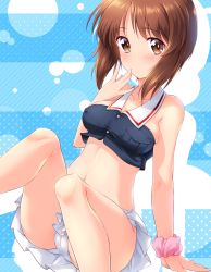 Rule 34 | 1girl, adapted costume, blue jacket, blush, breasts, brown eyes, brown hair, cameltoe, cleavage, closed mouth, commentary, crop top, dutch angle, girls und panzer, hand to own mouth, highres, invisible chair, jacket, kuzuryuu kennosuke, legs, looking at viewer, medium breasts, microskirt, military, military uniform, navel, nishizumi miho, ooarai military uniform, panties, pink scrunchie, pleated skirt, scrunchie, short hair, sitting, skirt, solo, underwear, uniform, white panties, wrist scrunchie