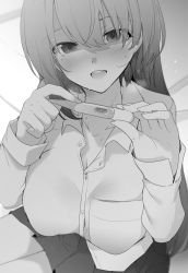 Rule 34 | 1girl, bra visible through clothes, collared shirt, commentary request, digital thermometer, greyscale, heavy breathing, highres, long hair, looking at viewer, mole, mole under eye, monochrome, open mouth, original, pleated skirt, ryouma (galley), shirt, skirt, solo, sweat, thermometer