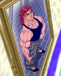 Rule 34 | 1boy, abs, bare shoulders, camouflage, camouflage pants, grappler baki, hanma yujiro, highres, mature male, mirror, muscular, muscular arms, muscular male, pants, pectorals, red eyes, red hair, shirt, short hair, sleeveless, sleeveless shirt