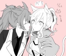 Rule 34 | 1boy, 1girl, capelet, closed mouth, collared shirt, cross, cross earrings, diluc (genshin impact), earrings, genshin impact, greyscale, hair between eyes, highres, jean (genshin impact), jewelry, kemonomimi mode, medium hair, monochrome, necktie, open mouth, pink theme, ponytail, shirt, sketch, spot color, tail, upper body, vest, yae (yae ringo)