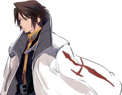 Rule 34 | 1boy, belt, black belt, black jacket, blue eyes, borrowed clothes, brown hair, chain, coat, commentary request, final fantasy, final fantasy viii, high collar, implied yaoi, jacket, long coat, looking to the side, male focus, military uniform, oversized clothes, scar, scar on face, seed uniform (ff8), seifer almasy, serious, short hair, simple background, solo, squall leonhart, standing, u-min, uniform, white background, white coat, wind