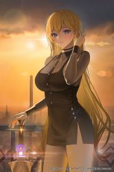Rule 34 | 1girl, absurdres, adjusting hair, black dress, blonde hair, blue eyes, blurry, blurry background, breasts, character request, closed mouth, cloud, cloudy sky, copyright name, copyright request, cowboy shot, dress, dusk, gradient sky, hair between eyes, highres, large breasts, lipstick, long hair, looking at viewer, makeup, myabit, orange background, orange sky, sky, smile, solo, standing, sun, sunset, sword, very long hair, watermark, weapon, yellow sky