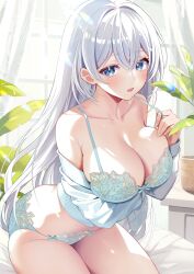Rule 34 | 1girl, bare shoulders, blue bra, blue eyes, blue panties, blush, bow, bow bra, bow panties, bra, breast hold, breasts, cleavage, clothes pull, collarbone, curtains, floral print, hair intakes, highres, indoors, large breasts, long hair, long sleeves, looking at viewer, motsunuki, open mouth, original, panties, plant, potted plant, shirt pull, sidelighting, sitting, skindentation, solo, strap pull, thighs, underwear, white hair, window