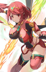 Rule 34 | absurdres, aegis sword (xenoblade), black gloves, bouncing breasts, breasts, chest jewel, earrings, fingerless gloves, gloves, highres, jewelry, kuronyan9630, large breasts, pyra (xenoblade), red eyes, red hair, red shorts, short hair, short shorts, shorts, swept bangs, sword, thighhighs, thighs, tiara, weapon, xenoblade chronicles (series), xenoblade chronicles 2
