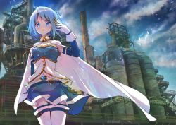 Rule 34 | belt buckle, blue skirt, buckle, cape, cloud, detached sleeves, fortissimo, gloves, hair ornament, hand up, hoshikage wataru, looking at viewer, magical girl, mahou shoujo madoka magica, mahou shoujo madoka magica movie 1 &amp; 2, miki sayaka, miki sayaka (magical girl), musical note, musical note hair ornament, open mouth, signature, skirt, solo, stairs, white cape, white gloves